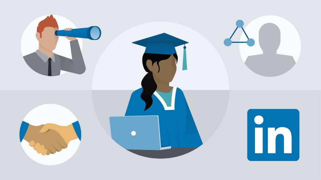 Vector illustration of LinkedIn career path with graduate laptop telescope networking handshake icons Wallpaper