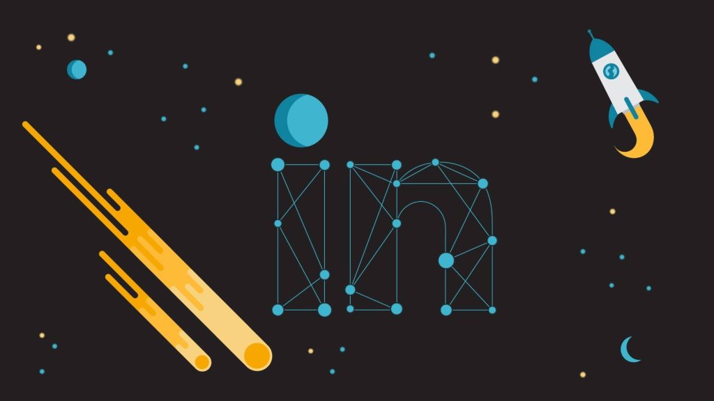 LinkedIn logo constellation wallpaper with rocket ship planet and shooting star cosmic background