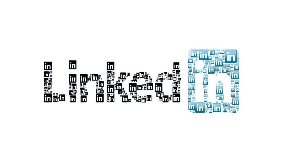 LinkedIn mosaic wallpaper with linked text and logo made from small in icons on white background