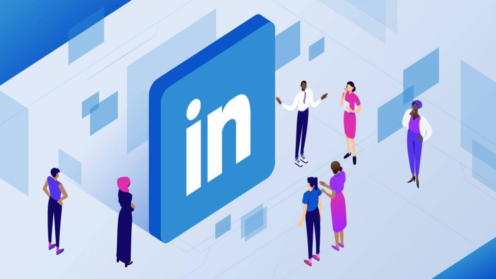 Isometric LinkedIn network art with diverse professionals around blue LinkedIn logo in modern workspace Wallpaper