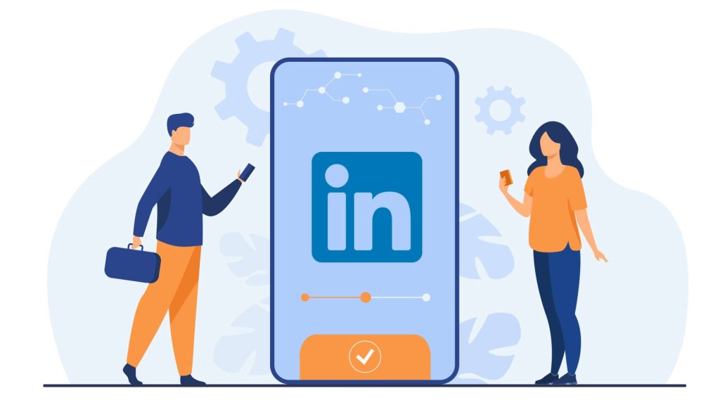 LinkedIn networking illustration with smartphone and business professionals in blue and orange colors Wallpaper