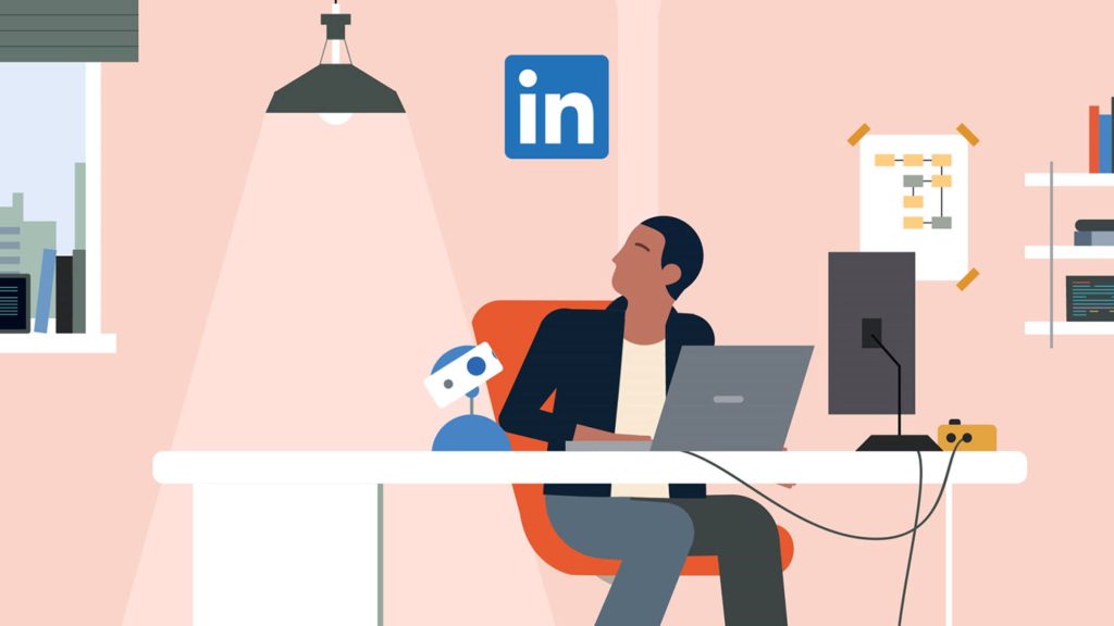 LinkedIn office employee wallpaper with thoughtful professional at desk laptop monitor lamp pink background