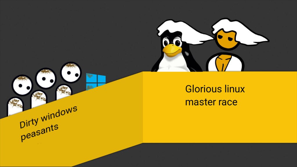 Linux Lords Triumph over Windows Commoners – A Hilarious OS Rivalry Depicted Wallpaper