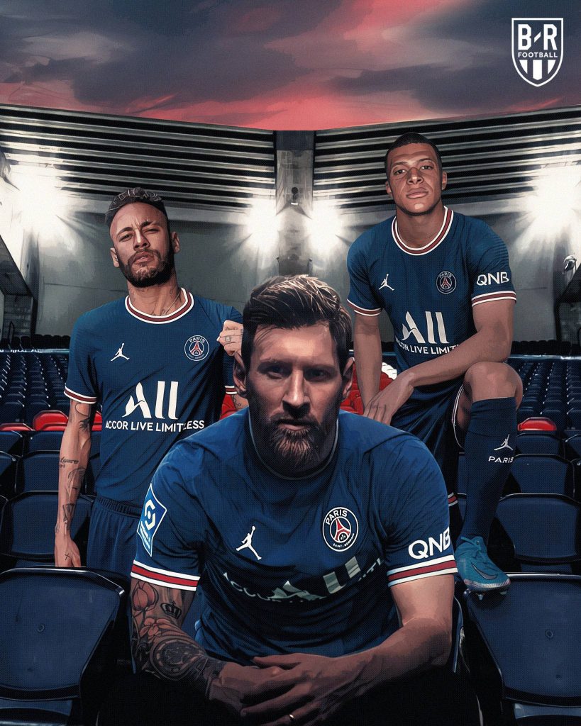 Lionel Messi Neymar Jr and Kylian Mbappé in PSG home kits digital illustration stadium background Wallpaper