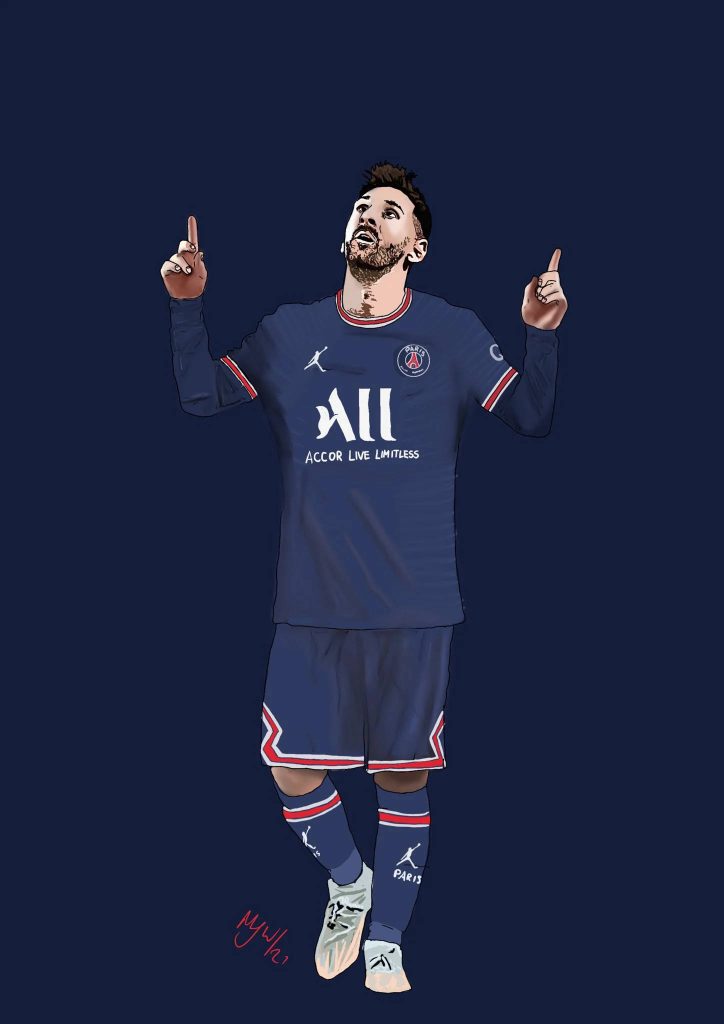 Lionel Messi PSG goal celebration vector art wallpaper navy background digital illustration