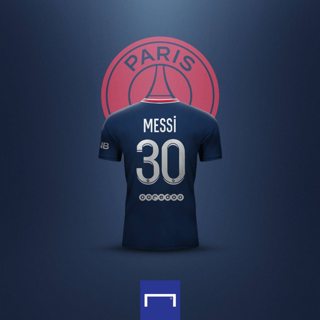 Lionel Messi PSG number 30 jersey digital wallpaper with club logo and deep blue gradient background