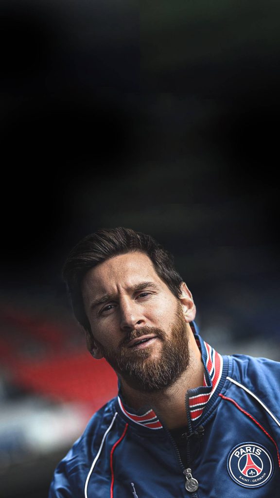 Lionel Messi PSG portrait wallpaper close-up with blurred stadium background for football fans