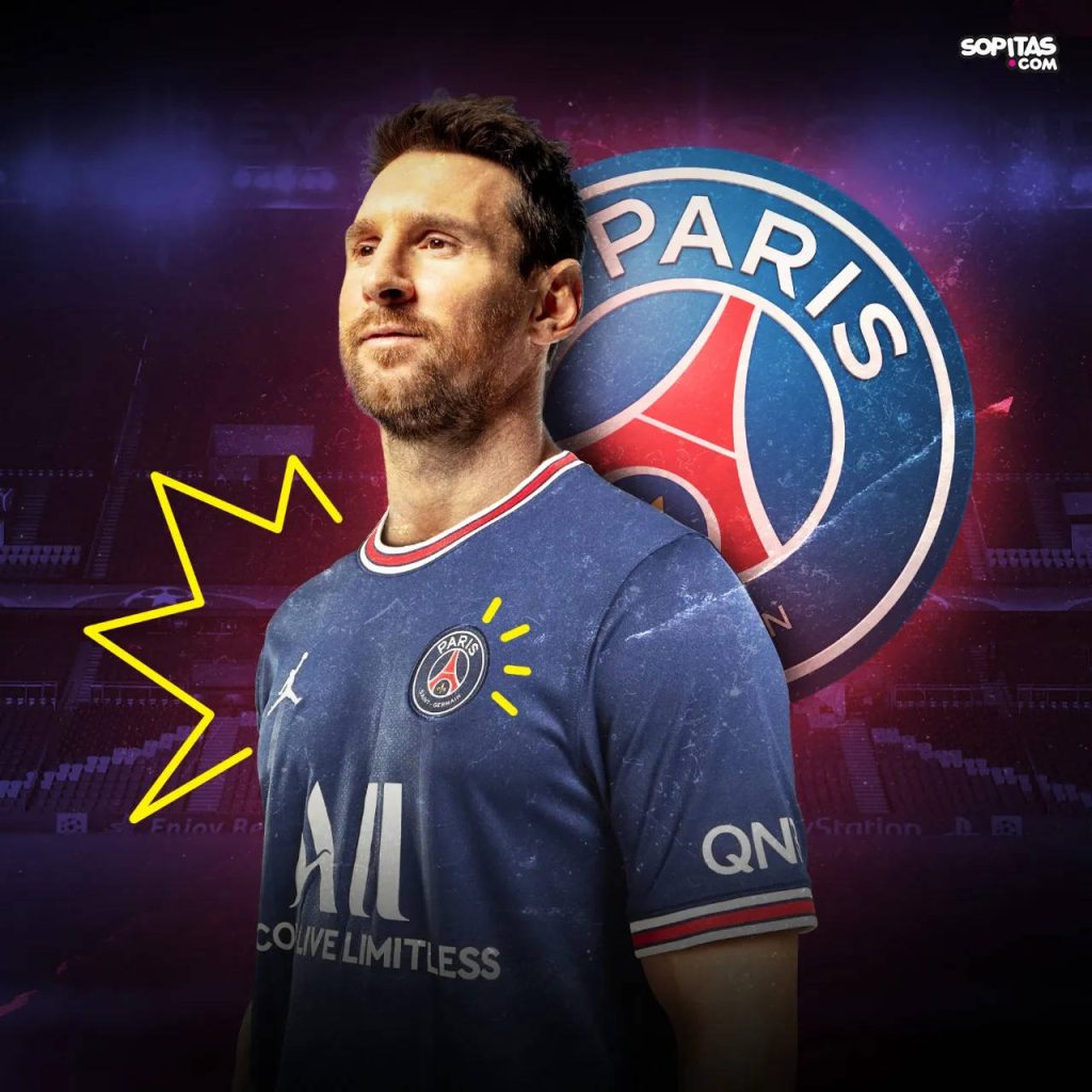 Lionel Messi PSG wallpaper with purple stadium and yellow graphic accents football icon design