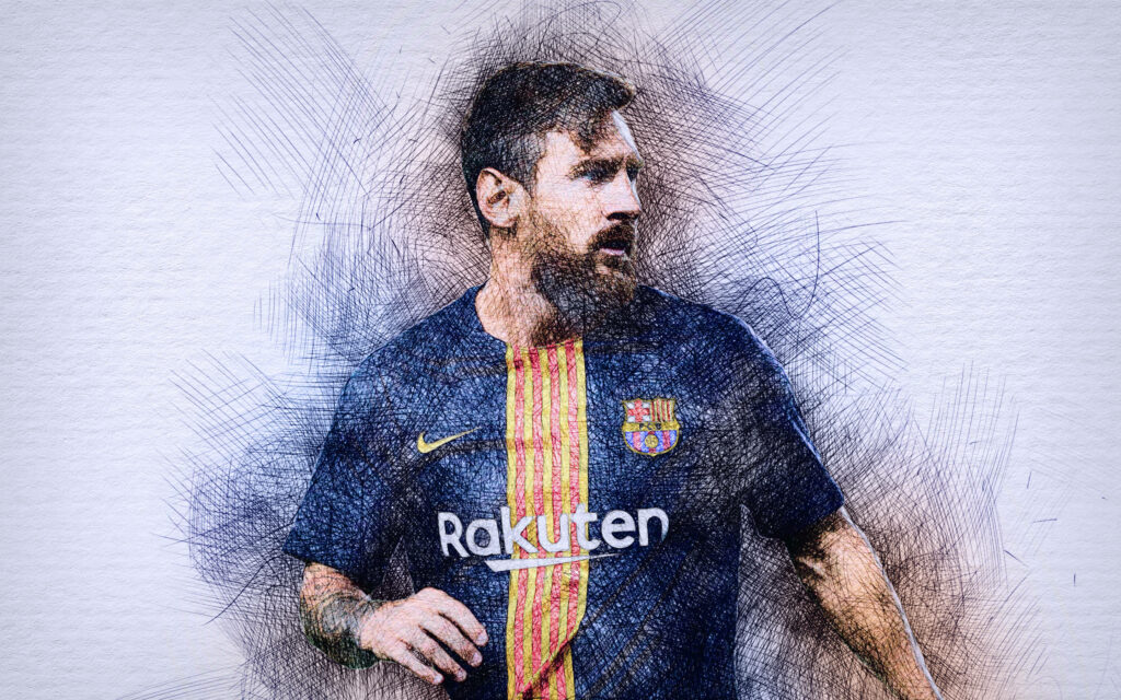Incredible Lionel Messi: Sporting the Rakuten Jersey in a Striking 2020 Sketch - Mesmerizing White Background with Textured Paper Accents Wallpaper