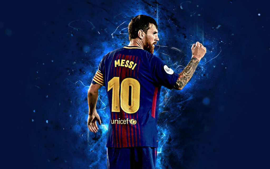 Lionel Messi's Epic Victory Pose Captured in Dynamic Blue Lighting - 4k Ultra HD Wallpaper