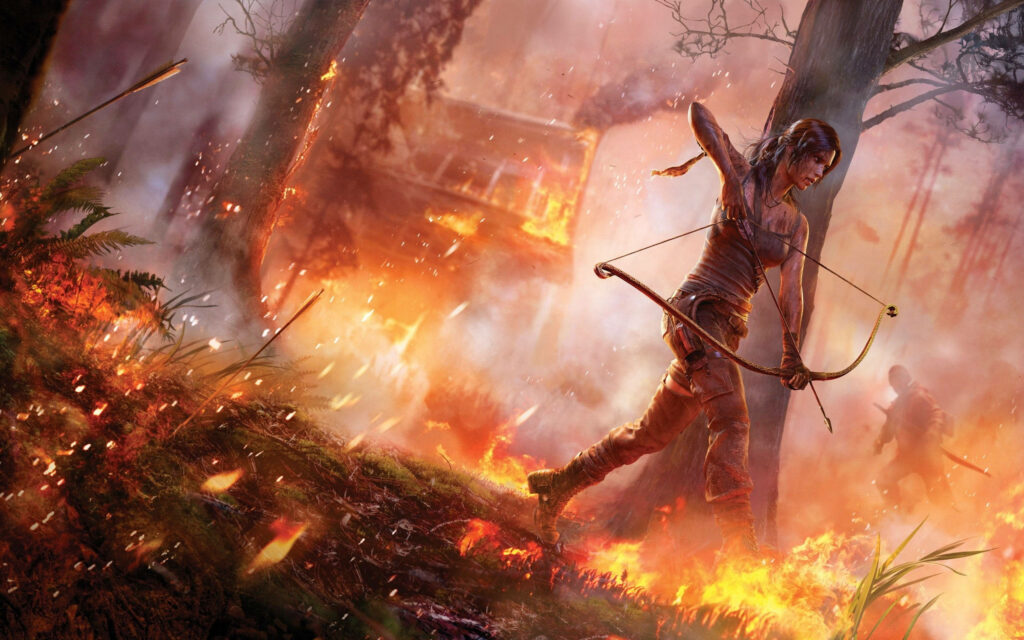 Brave Lara Croft Journeying through the Blazing Forest in Rise of the Tomb Raider Wallpaper
