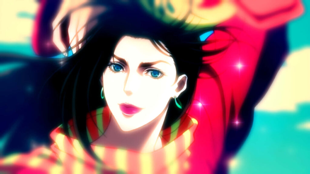 Lisa Lisa dynamic pose vibrant colors dramatic lighting Battle Tendency anime wallpaper background