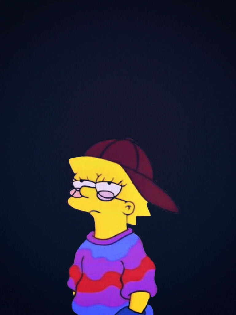Sad Lisa Simpson Minimalist Wallpaper: Maroon Cap & Striped Sweater