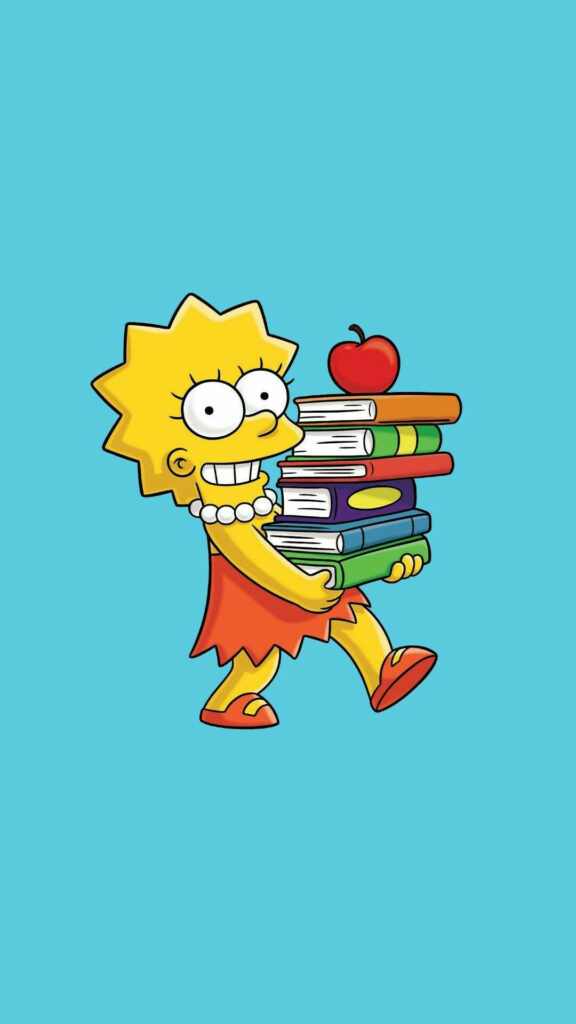 Lisa Simpson with Books & Apple - Vibrant Blue Wallpaper Background