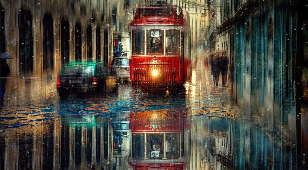 Lisbon red tram on rain wet street with moody lights and reflections 4K Ultra HD wallpaper