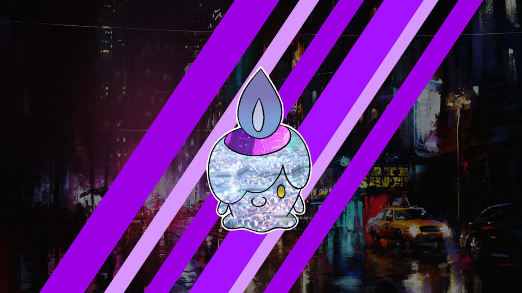 Litwick ghost Pokémon glowing on purple stripes with neon cityscape night digital art wallpaper