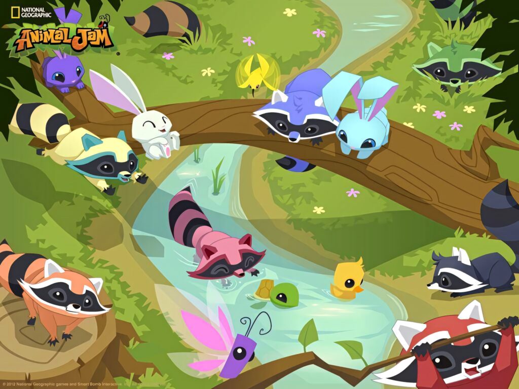 Colorful Animal Jam wallpaper with playful foxes and animals by bright winding forest stream