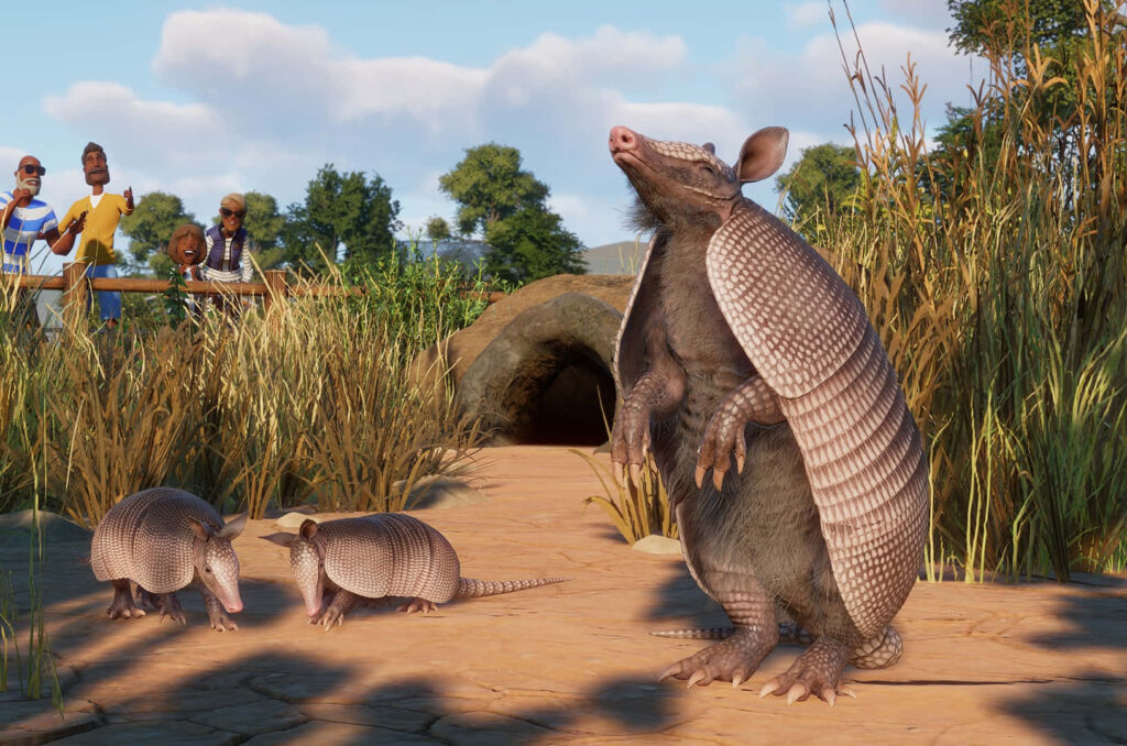Animated wallpaper showing armadillos exploring a sandy path with spectators in a lush setting