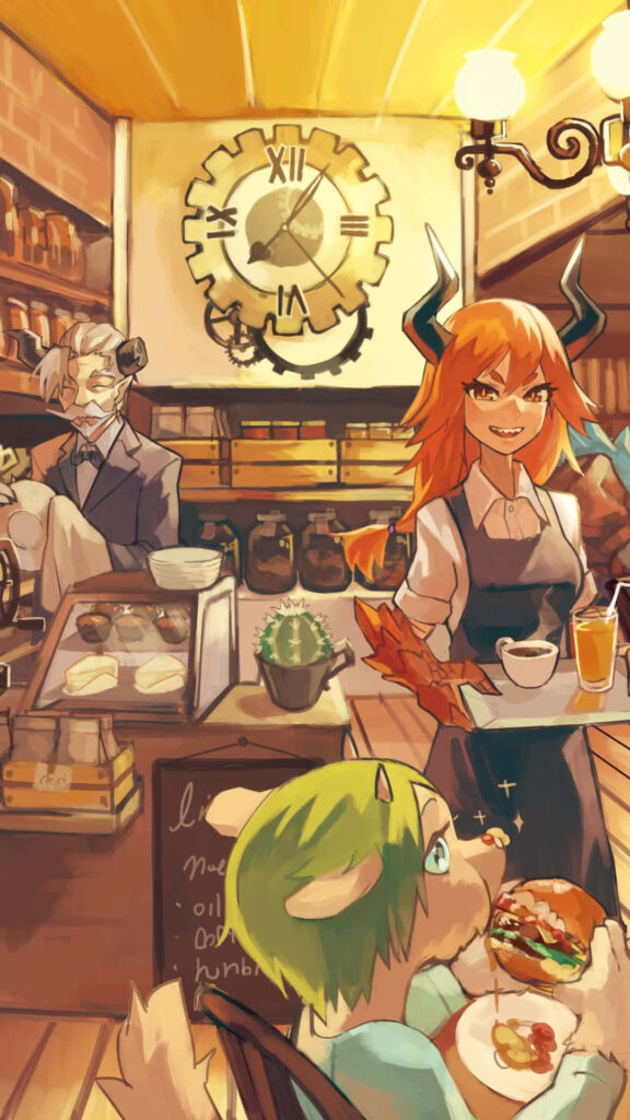 Vibrant Cartoon Café Wallpaper with Cheerful Characters & Cozy Vibes