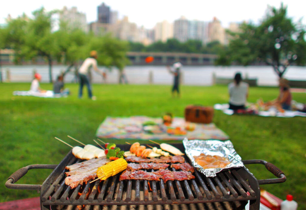 Vibrant Picnic Wallpaper: Grilled Delights by the Riverside Park