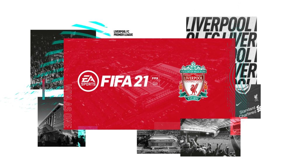Vibrant Liverpool FC FIFA 21 wallpaper featuring Anfield stadium crest and Win As One branding