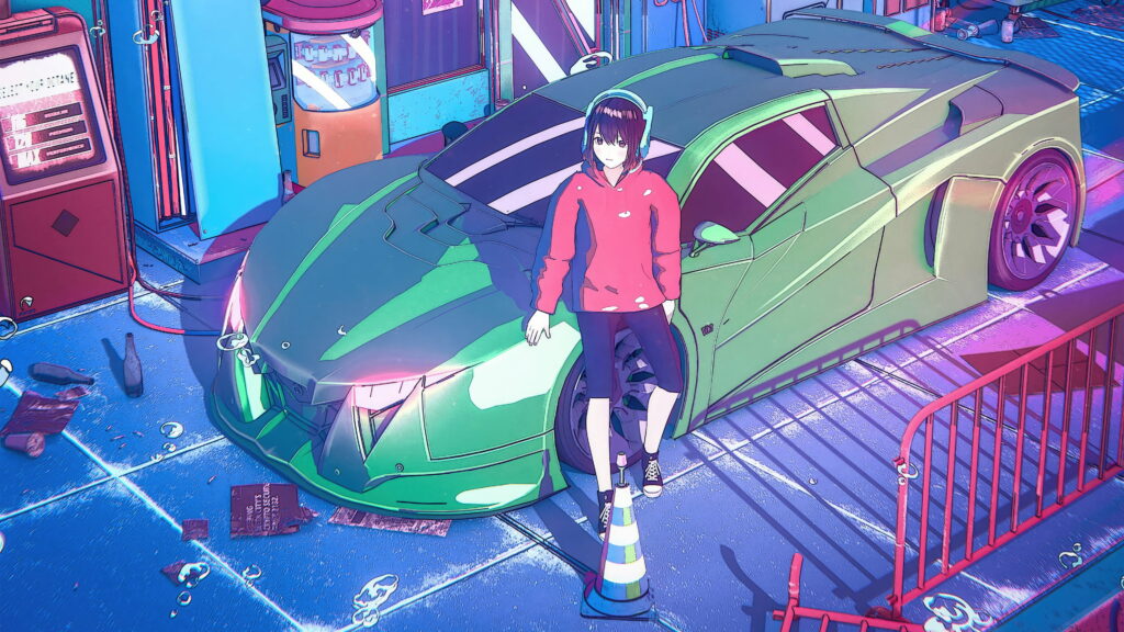 Anime Girl Cruising in a Lofi Lamborghini: A Digital Artwork Masterpiece in 4K Wallpaper