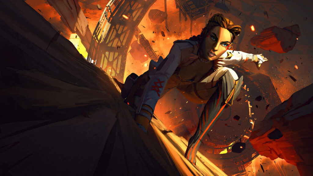 Loba from Apex Legends in intense action pose with fiery background digital artwork wallpaper