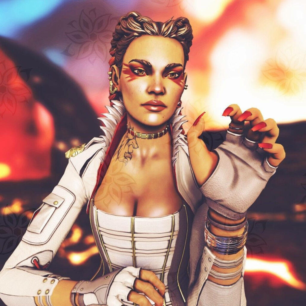 Loba Apex Legends fiery portrait wallpaper fierce pose vivid bold style background