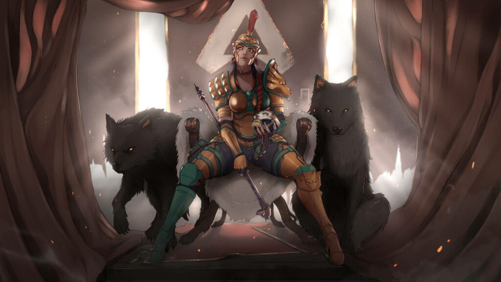 Loba Apex Legends Haute Hoplite skin seated with two wolves dramatic lighting regal wallpaper background
