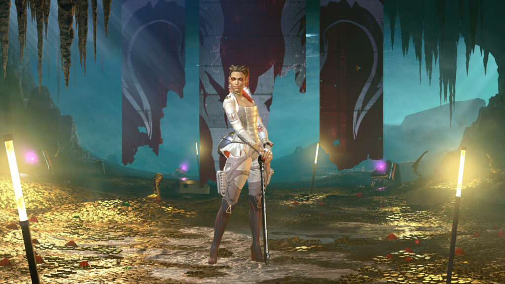 Loba from Apex Legends stands in glowing treasure cave showing confident pose and stylish outfit Wallpaper
