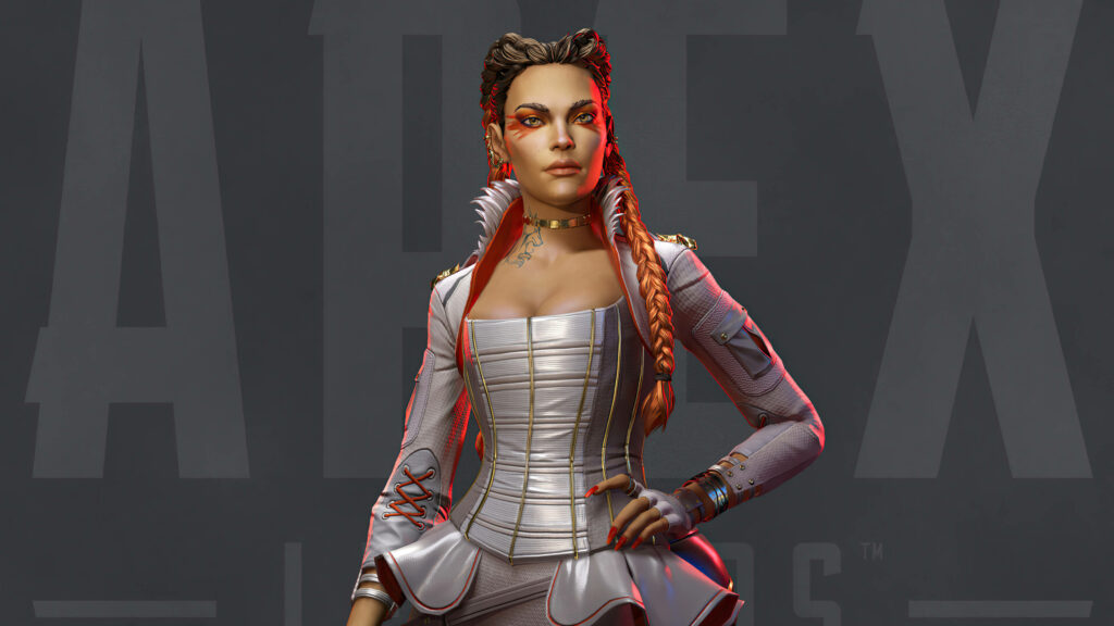 Loba from Apex Legends in white outfit on dark background with Apex Legends logo wallpaper
