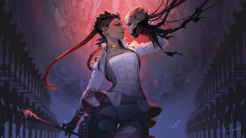 Loba holding Revenant's head in Apex Legends intense rivalry red and blue wallpaper background