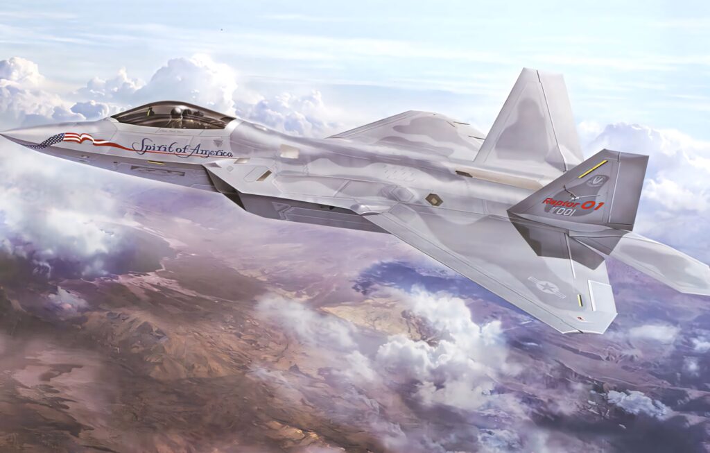 Lockheed Martin F-22 Raptor stealth fighter jet flying over rugged landscape with clouds background Wallpaper