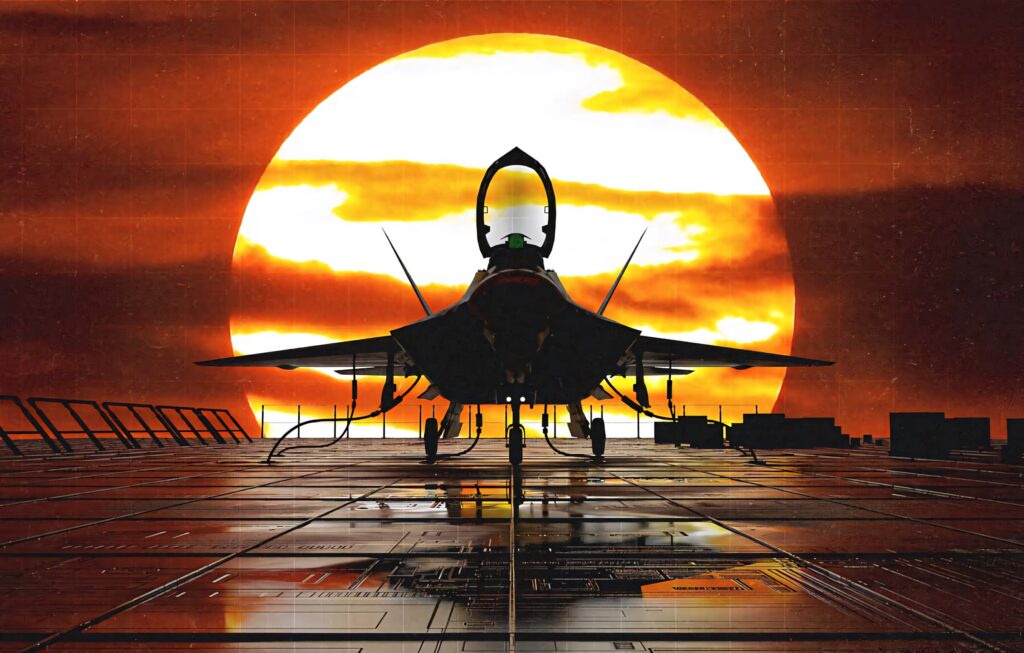 Lockheed Martin F-22 Raptor on futuristic landing platform at sunset with vibrant orange sky background Wallpaper
