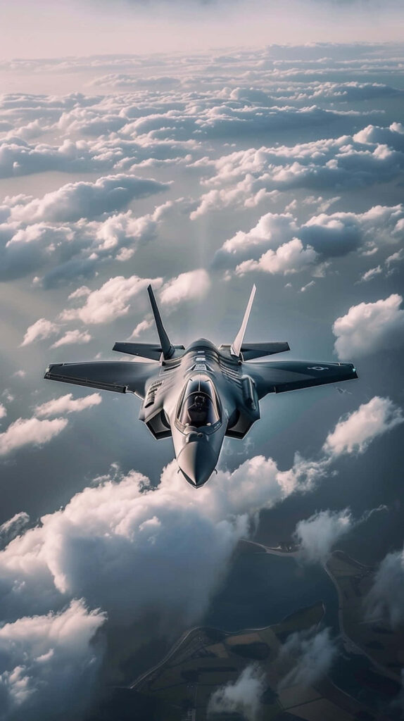 Lockheed Martin F-35 fighter jet soaring above clouds with sunlight highlighting stealth design Wallpaper