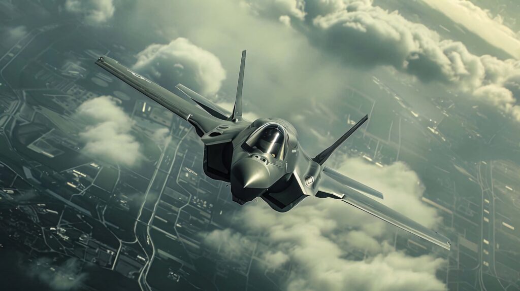 Lockheed Martin F-35 stealth fighter jet flying over cityscape with dramatic clouds and sleek design Wallpaper