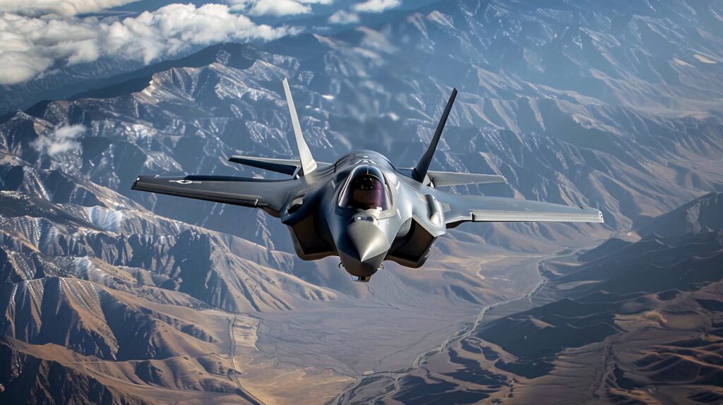 Lockheed Martin F-35 stealth fighter jet flying over snow-capped mountains under clear sky wallpaper