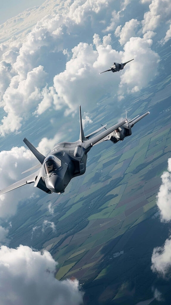 Two Lockheed Martin F-35 fighter jets soaring over green fields under dramatic cloud skies wallpaper