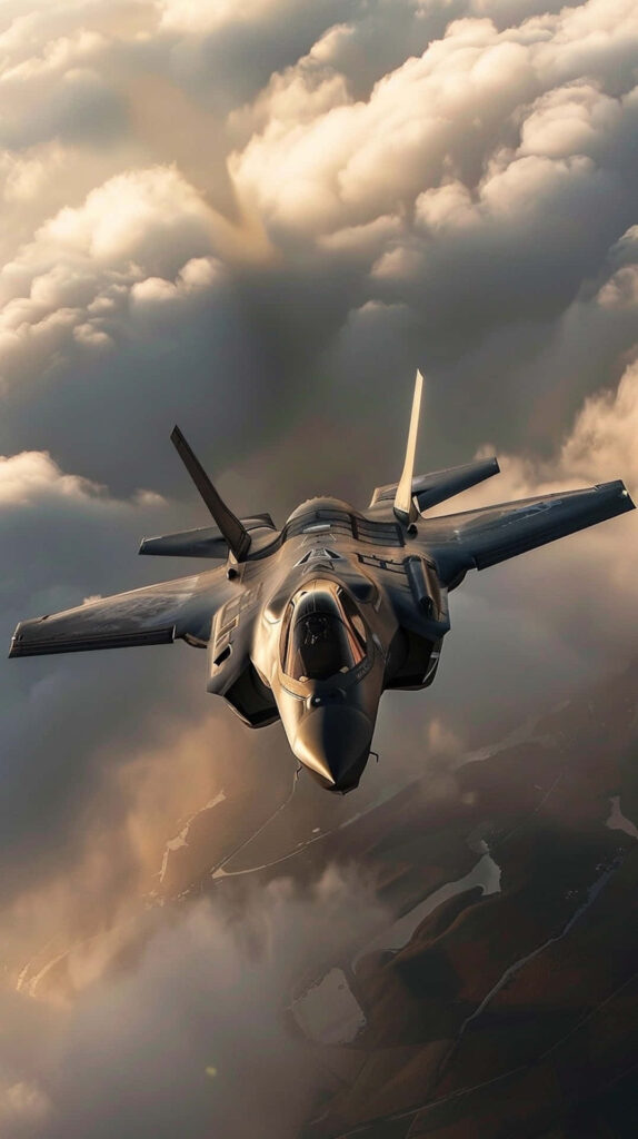 Lockheed Martin F-35 jet soaring above clouds in golden sunlight showcasing stealth design Wallpaper