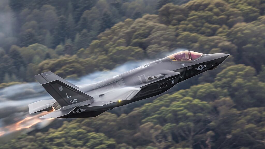 Lockheed Martin F35 jet soaring above green forest with sleek design and vapor trails wallpaper
