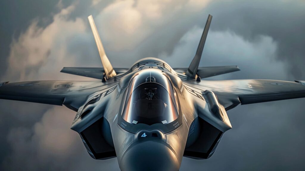 Lockheed Martin F-35 stealth fighter jet soaring through dramatic cloud-filled sky wallpaper background