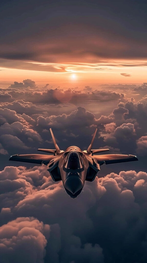 Lockheed Martin F-35 jet soaring through vibrant sunset clouds showcasing advanced stealth design Wallpaper