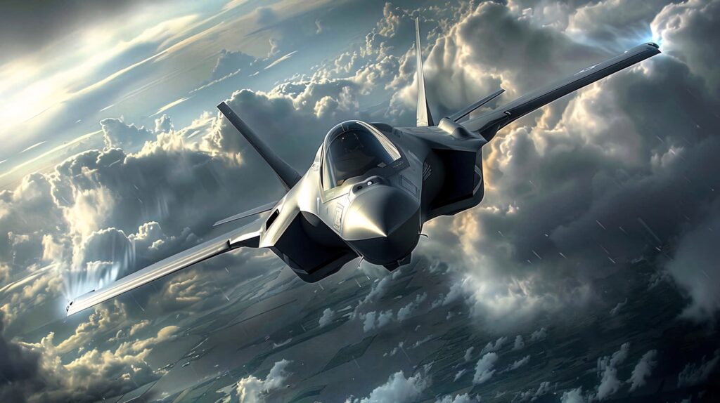 Lockheed Martin F35 stealth jet soaring through storm clouds with light highlighting sleek design