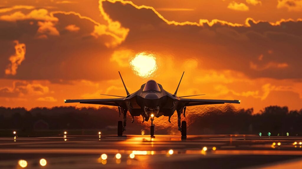 Lockheed Martin F-35 jet flying at sunset with vibrant orange sky and sleek modern design wallpaper