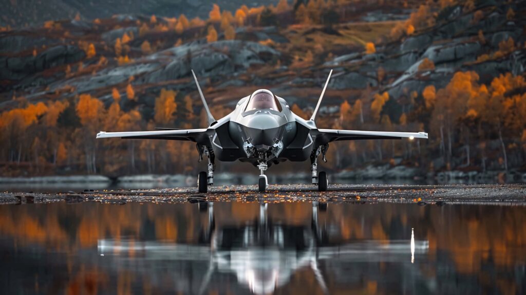 Lockheed Martin F-35 stealth jet on reflective surface with autumn mountains and golden foliage background Wallpaper