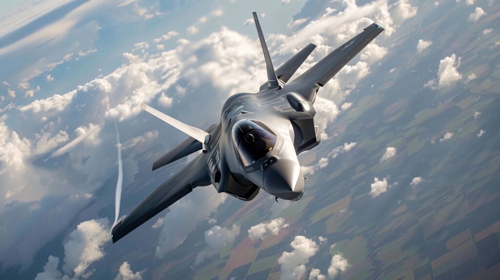 Lockheed Martin F35 jet soaring over patchwork fields with clouds showing stealth design wallpaper