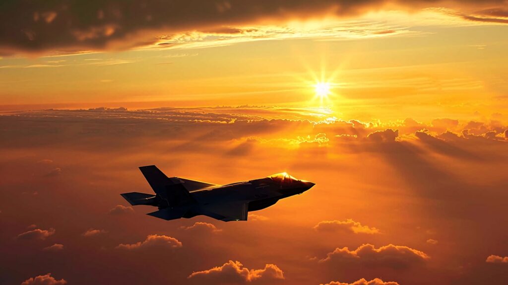 Lockheed Martin F-35 soaring above glowing clouds at vibrant orange and gold sunset sky wallpaper