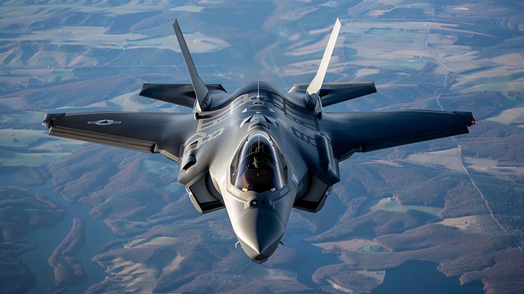 Lockheed Martin F-35 stealth fighter jet soaring over scenic landscape with advanced design wallpaper