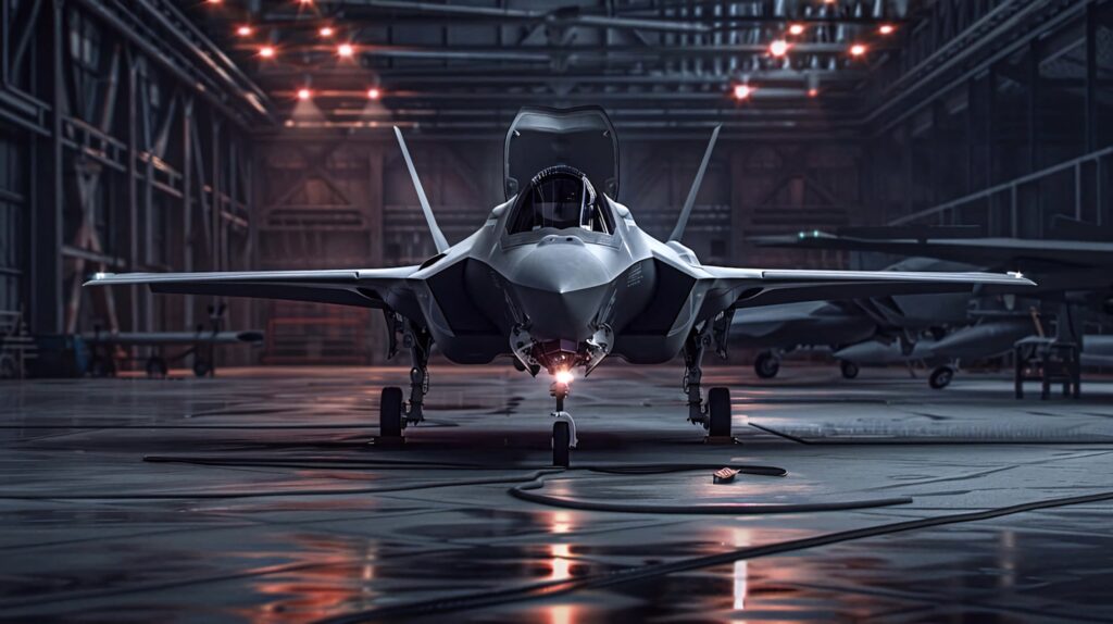 Lockheed Martin F-35 stealth jet in dim hangar with metallic gray finish and reflective floor Wallpaper