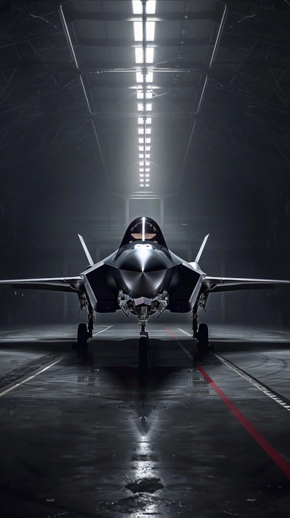 Lockheed Martin F-35 stealth fighter jet in dimly lit hangar showcasing advanced design Wallpaper